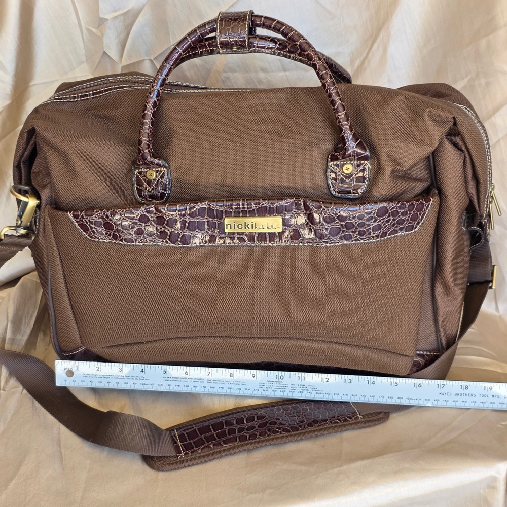 Nicki Nicole Miller Brown Canvas Croc Trim Weekender Bag Travel Duffel - Picture 4 of 16
